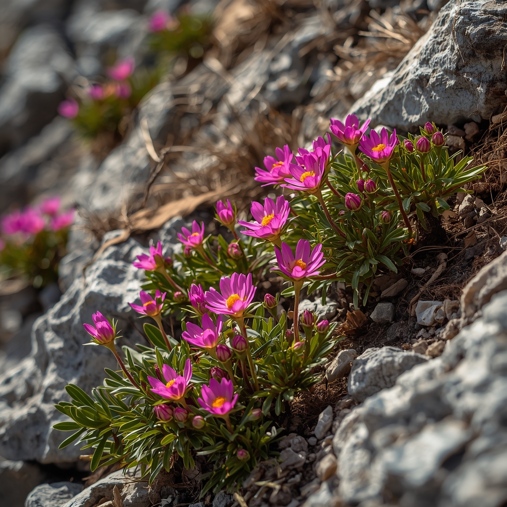 A high-resolution photograph of rare alpine flowers blooming on a rocky mountain slope, vibrant colors, sunlight, macro photography, hyper-realistic, 8k, no human, no woman
