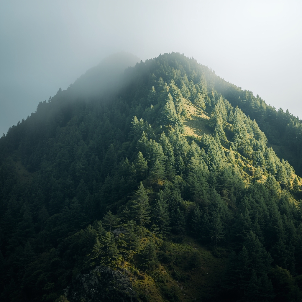 A majestic green mountain peak covered in dense pine trees and mountain shrubs, misty morning, cinematic lighting, landscape photography, no human, no woman