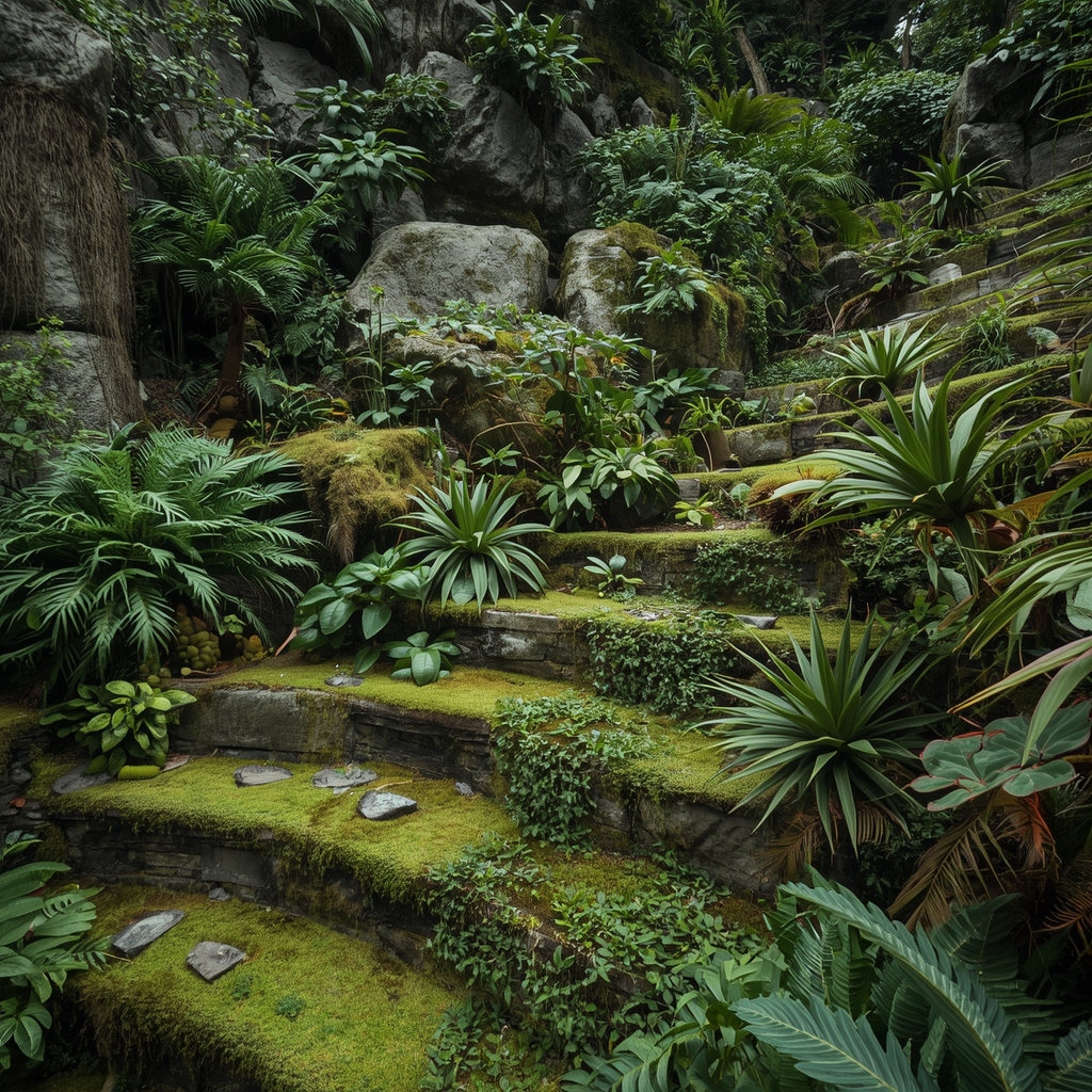 A lush terraced mountain garden featuring exotic high-altitude plants and mossy rocks, vibrant greens and earthy tones, highly detailed, no human, no woman